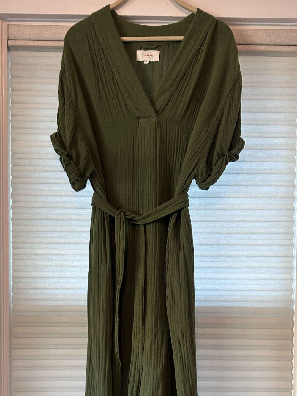 Xirena Avril Gauze Dress V-Neck Midi Dress - Olive Green - Size M
